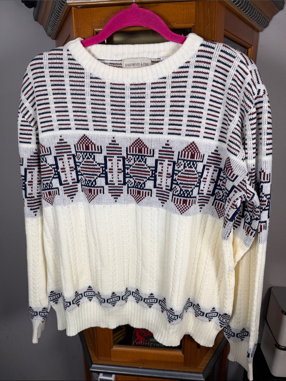 Cream Knit Sweater with Navy & Burgundy Pattern